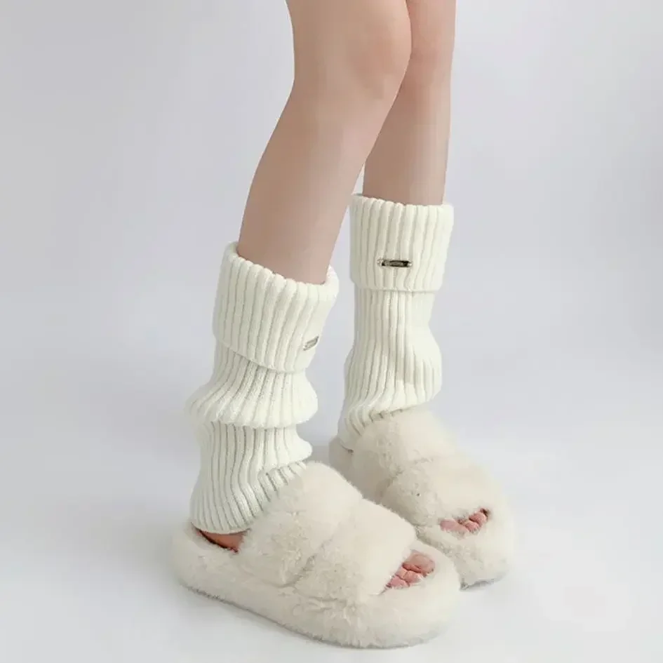 

Japanese and Korean Women Autumn and Winter Boots Calf Solid Color Pile Sock Metal Standard Y2k Cute Leg Set Tide Knit Warm