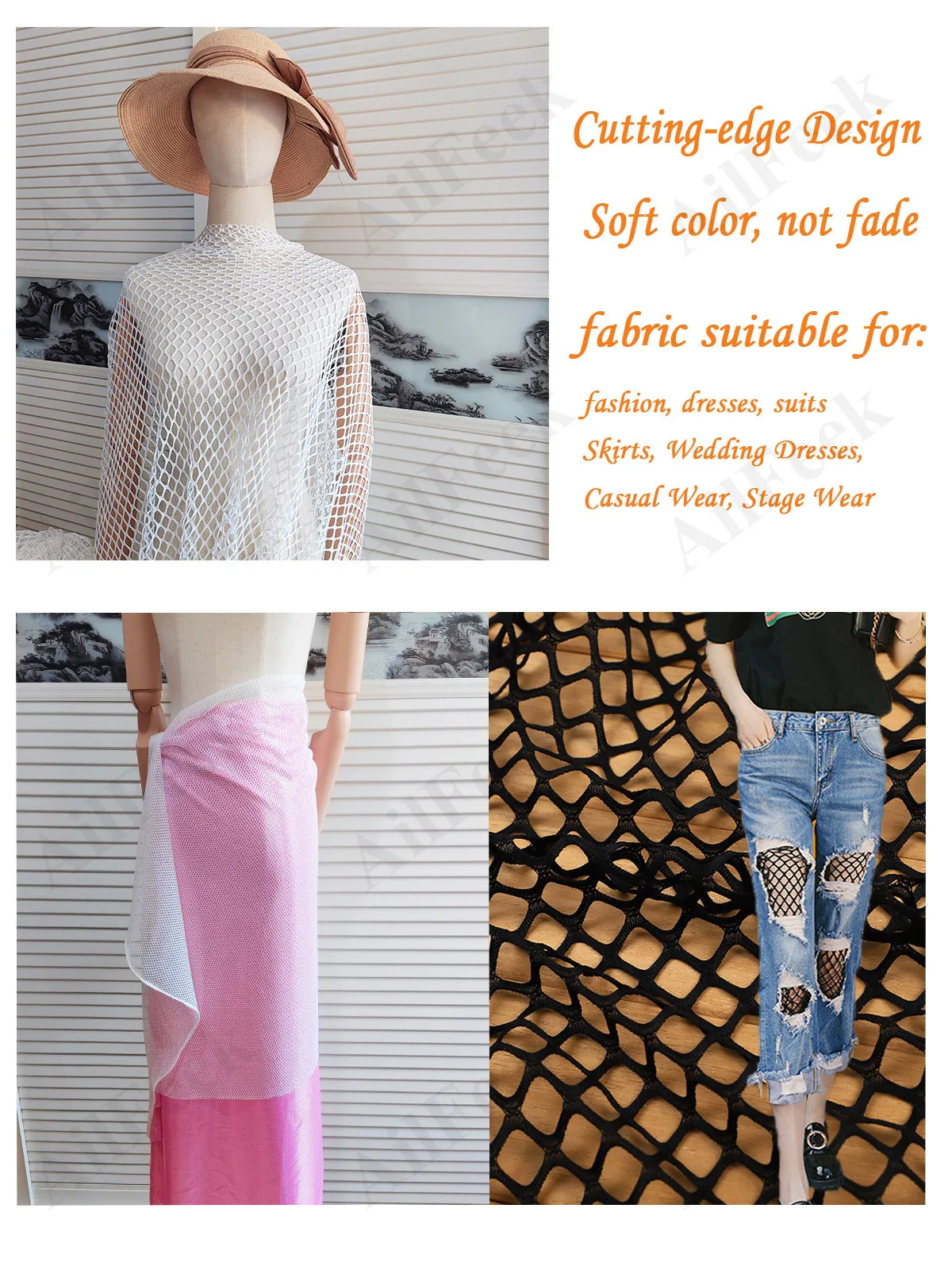 Polyester Mesh Fabric Make  Hollow Bottoming Shirt, Ripped Denim Pants, Skirt, Wedding Dresses, Casual Wear, Stage Wear