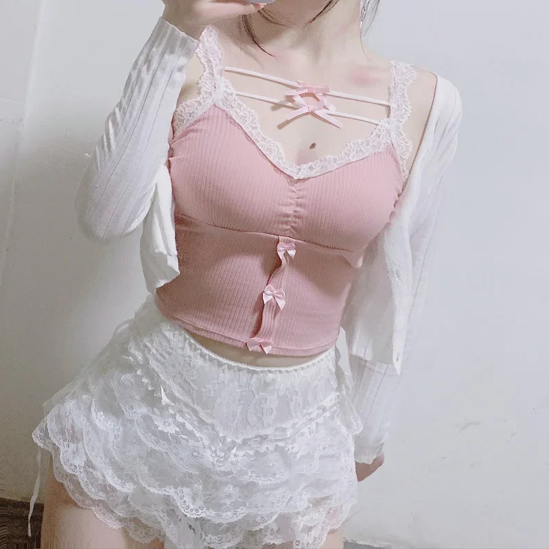 Pink Crop Top Women Summer Cute Y2k Tops Lace Trim Bows Decoration Slim Camis Sweet Girls Lolita Style Aesthetic Kawaii Clothes