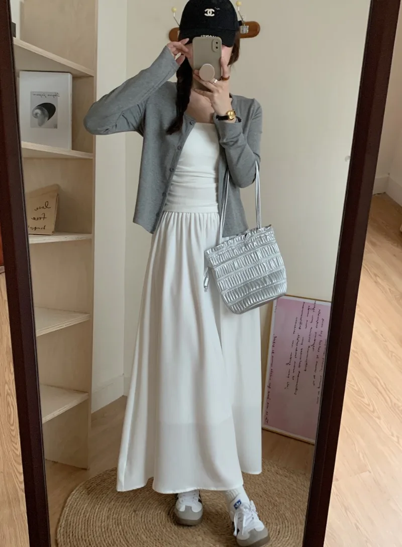 

Fashionable White Camisole Vest Top+solid Color Jacket Women's Autumn New Pleated Skirt Three Piece Set Female Clothing