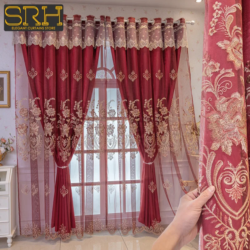 

High-end Red Embroidered Window Screen Double-layer Integrated Blackout Fabric Curtains for Bedroom Living Room Balcony Custom