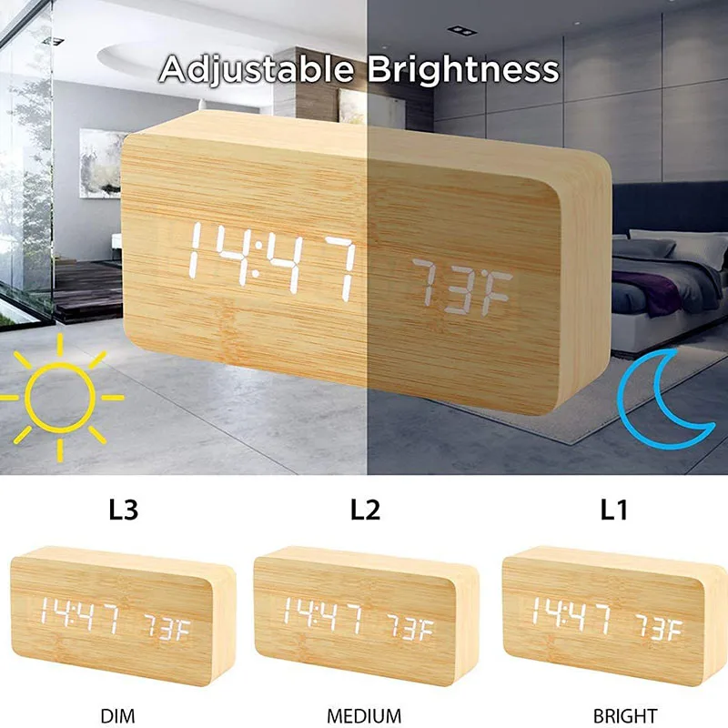 Digitaler Wecker aus Holz, LED-Wecker mit Temperatur-Schreibtischuhren für Büro, Nachttischuhr – Detail 3