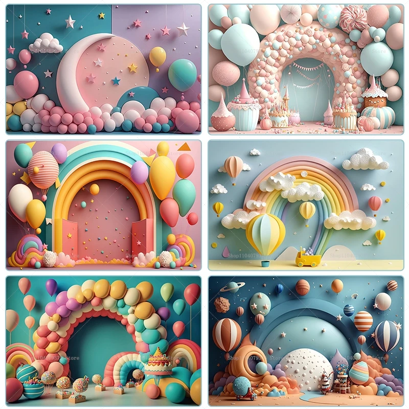 Girls Boys 1st Birthday Party Balloons Backdrop Arch Door Colorful Balloons Baby Shower Cake Smash Photography Background