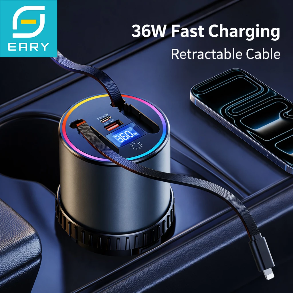 

Eary Car Cup Holder Charger 36W Fast Charging 4 Port USB Charger Retractable Cable for Lightning TypeC Adjustable Base 65mm-86mm