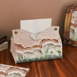 Oil Painting Tissue Case Flowers in the mountains Large Storage Paper Towel Box Leather Durable Desk Decoration for Home