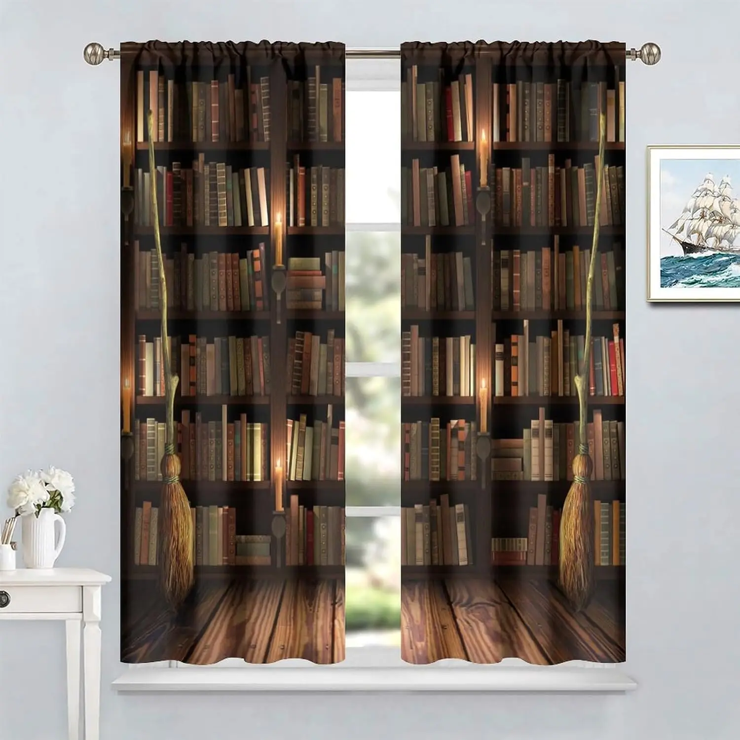 Retro Bookshelf Kitchen Curtains for Kids Boys Girls Bedroom Decor Magic Fantasy Library Study Educational Bookcase Rod Pocket