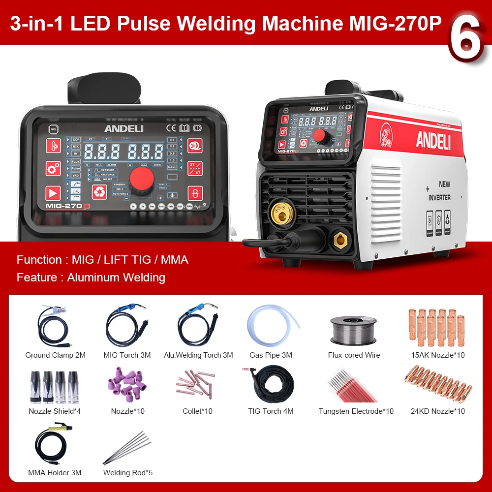 

ANDELI Semi-automatic 3 In 1 MIG Welding Machine MIG Pulse/Lift TIG/MMA LED Screen Aluminum Welding Gasless MIG Welder