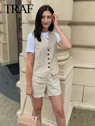 TRAFZA 2024 Women Vintage Solid Waistcoat Pant Sets Linen Waistcoat Single Breasted Vest Top+High Waist Shorts 2 Pieces Suits