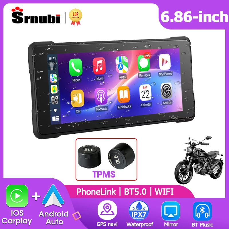 

Srnubi 6,86-дюймовый мотоциклетный плеер GPS-навигация Беспроводной Carplay Android Auto Беспроводной мотомонитор с шлемом TPMS Bluetooth