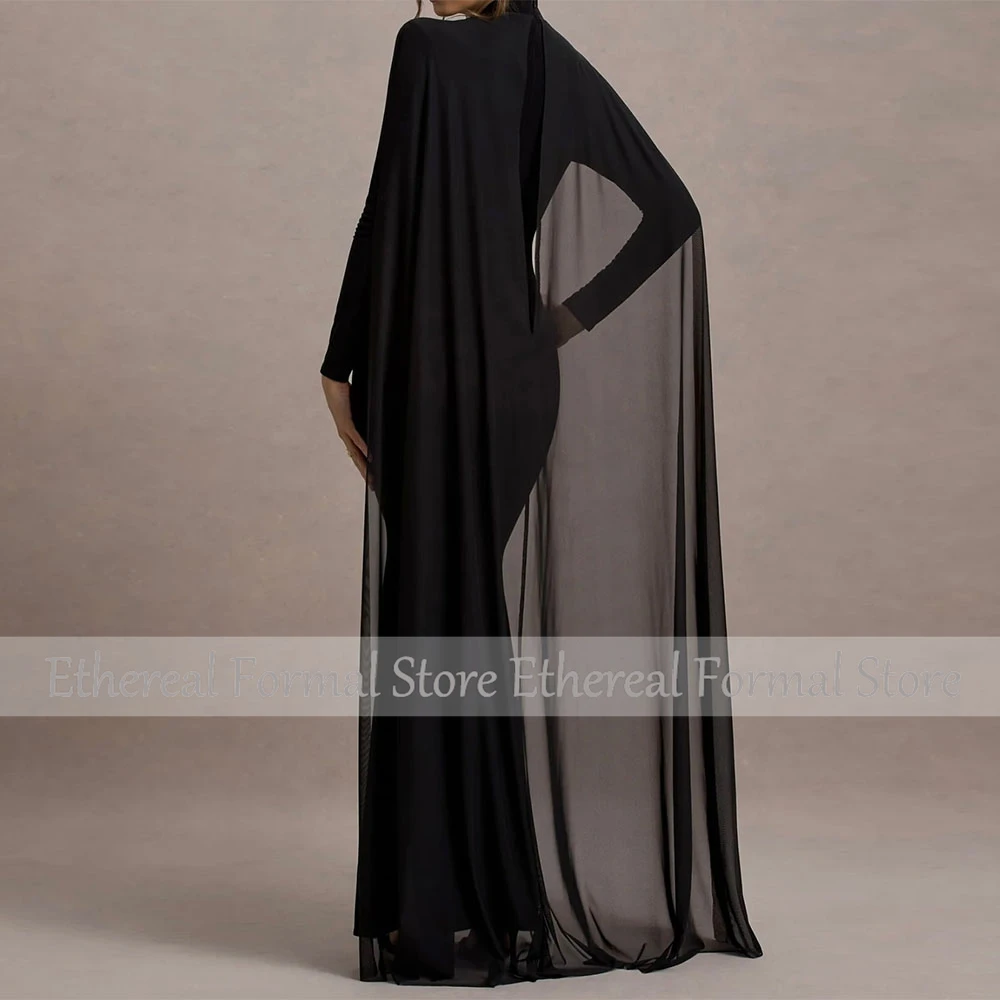 Black Evening Dress High Neck Mermaid Women's Evening Gown With Float Long Sleeves Trumpet Formal Dresses