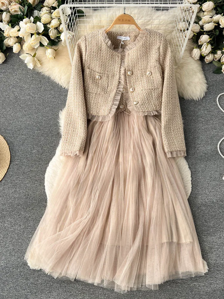 High Quality Autumn Women Dress Sets Casual Tweed Short Cardigan Jacket + Sling Mesh Dress 2 Piece Set Elegant Party Dresses