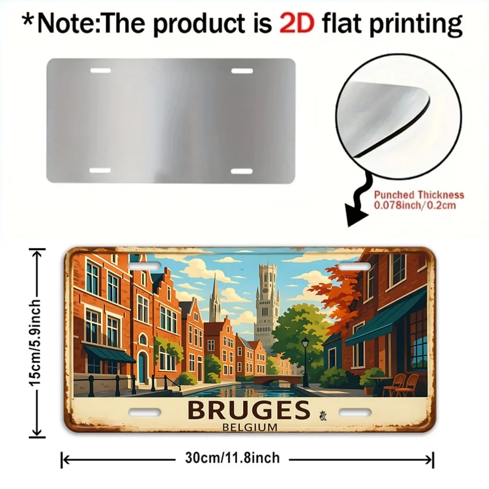 1PC 2D HD Aluminum Metal Sign, Bruges Belgium Vintage Wall Decor, Retro Canal Cityscape European Town Design Metal Wall Art F