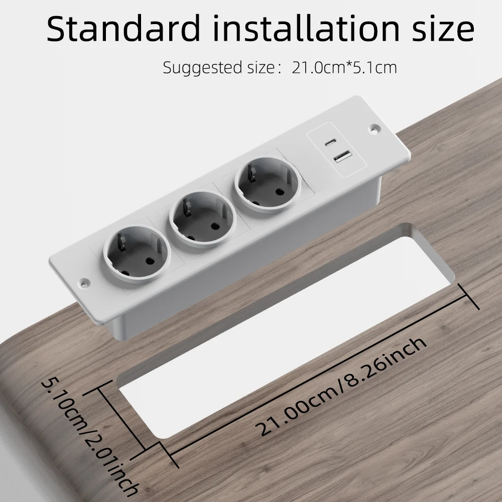 Recessed Embedded Power Socket Strip with 3 AC Ports 2 USB-A(5V2.1A) 1.5m Cord Multi Plug Outlet for Office Desk