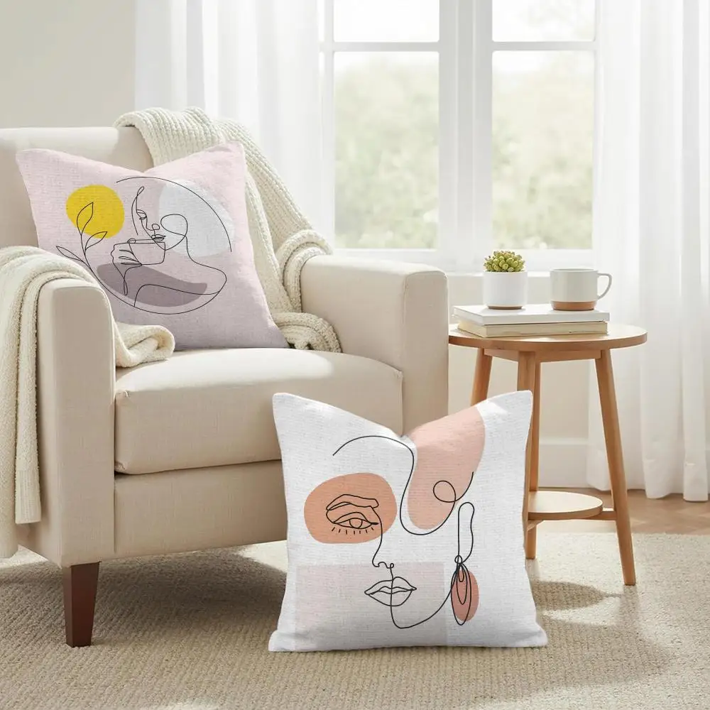 Abstract Face Collection Print Cushion Cover Double-Sided Printed Organic Linen Pillow Cover, Decorative for Sofa Home