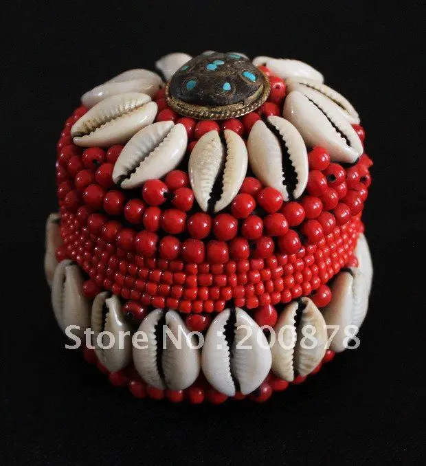 

Tibetan Ethnic Hanmade Shell Red Round Tent Jewelry Box TJB932