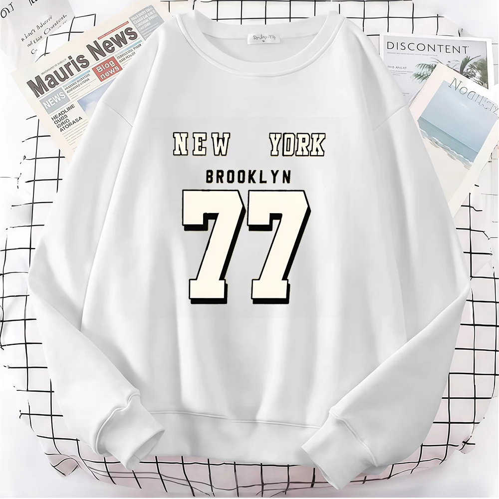 뉴욕 브루클린 77 프린팅 후드티 여성용 스포티 루즈 풀오버 겨울용 플리스 따뜻한 스웨트셔츠 조깅 포켓 남성 의류