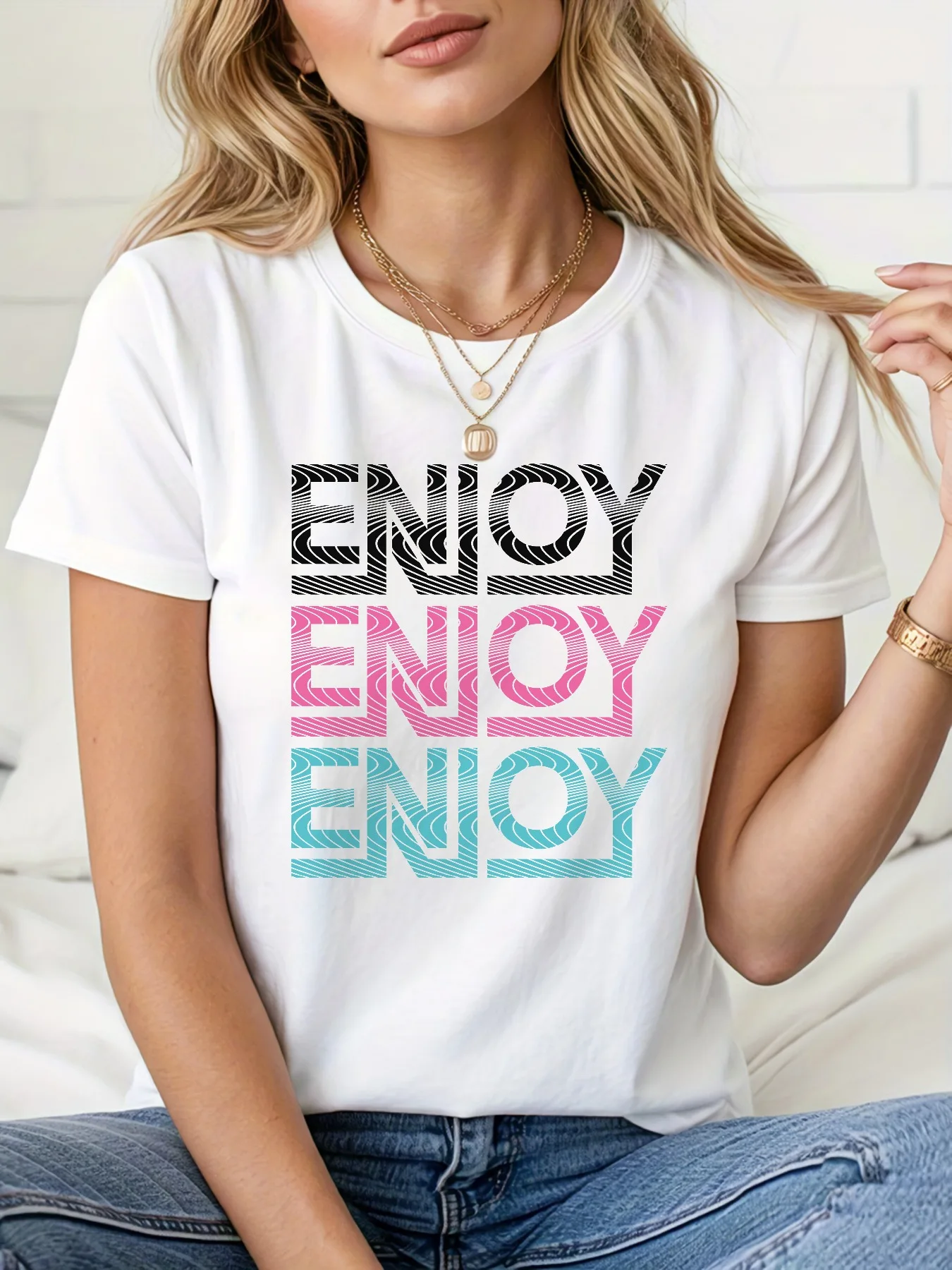 

2025 Pink blue and green hollow English print tops Spring Summer Ladies T-shirt Junior Casual O-Neck Tee Aesthetic clothing tees