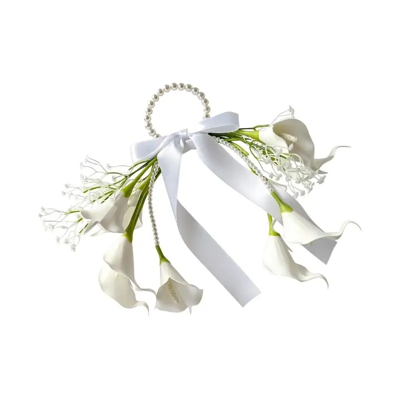 P9FE Hochzeitshandblumen mit Tragegriff und Schleifenakzent für Brautfotos – Detail 8