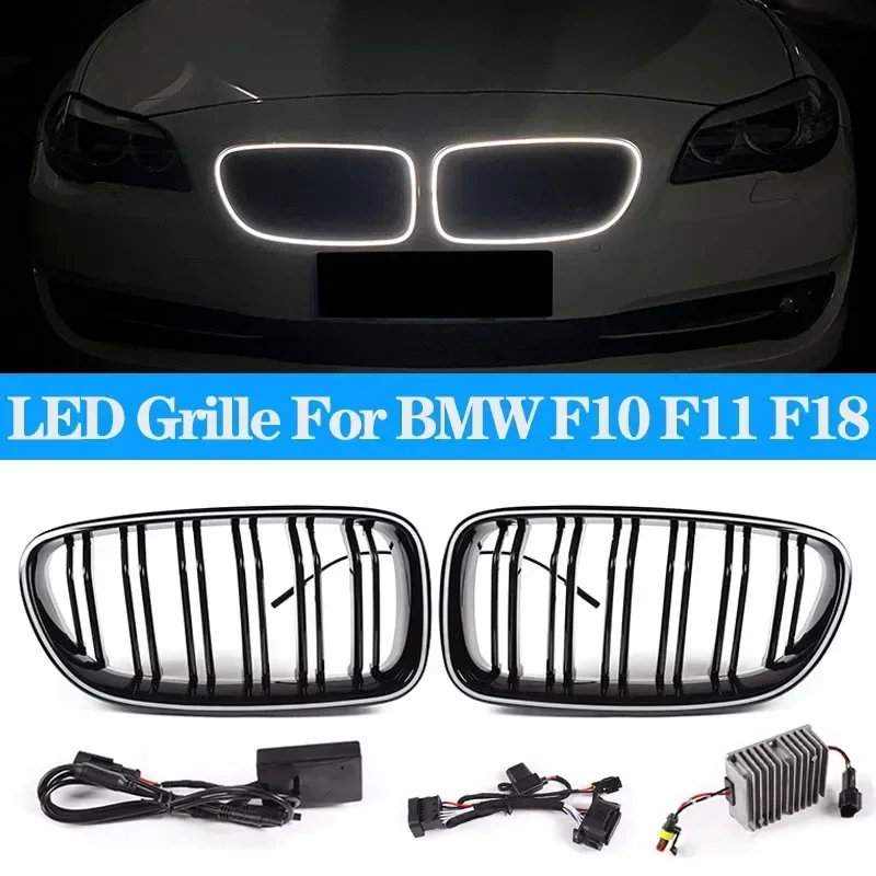 LED Grille Car Gloss Black Kidney Grill Dual Slats Racing Grill For BMW 5 Series F10 F11 F18 520d 530d 540i 10-17 Replacement