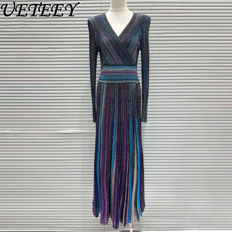 Spring Autumn New Temperament Striped Silver Thread Contrasting Colors Dress Slimming Long Sleeve V-neck Knitted Pleated Dresses
