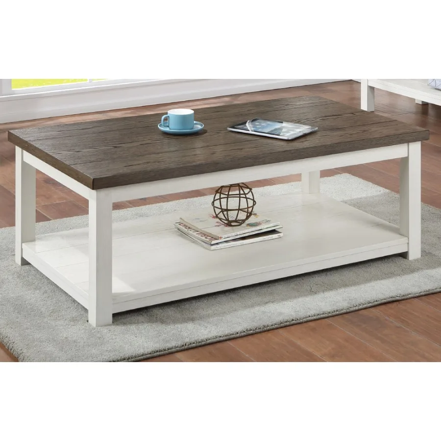 قطعة واحدة من طاولة القهوة البنية على طراز المزرعة مع قاعدة بيضاء، سطح طاولة مستطيل يأتي مع عجلات أثاث غرفة المعيشة الخشبية #2