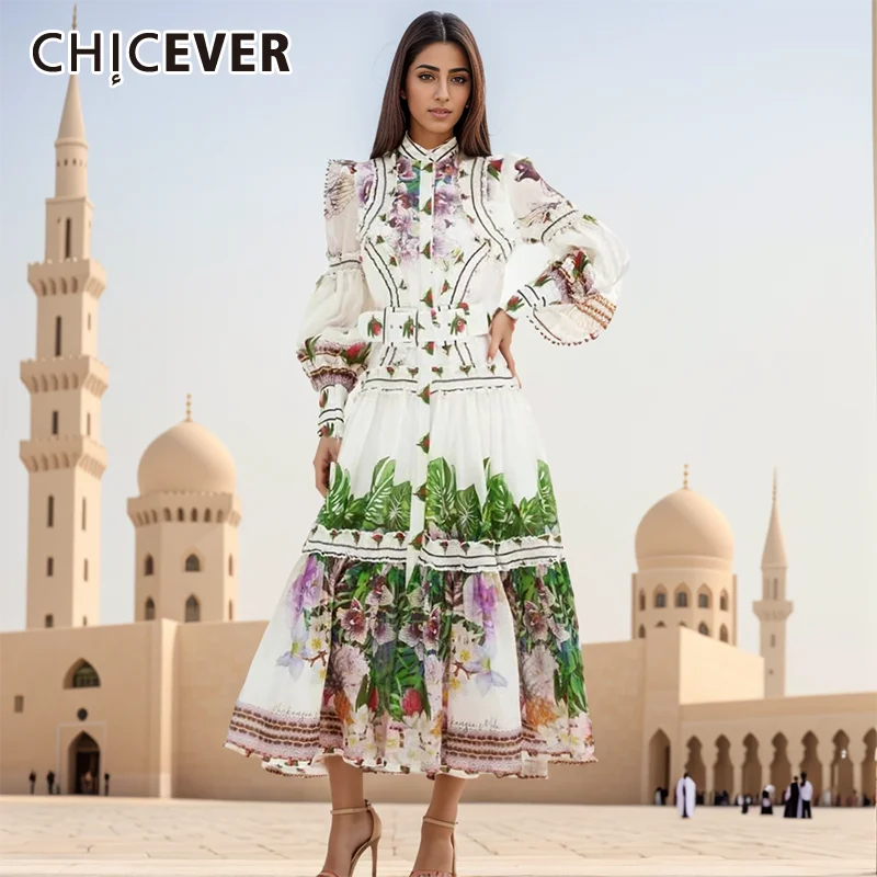 

CHICEVER Hit Color Print Elegant Long Dresses For Women Stand Collar Lantern Sleeve High Waist Patchwork Belt Dress Female New