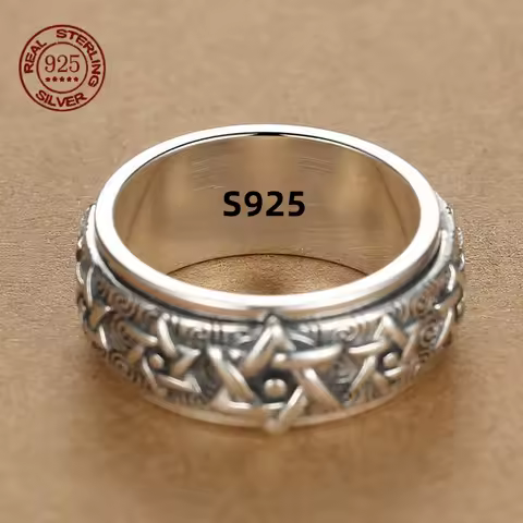 Rotatable S925 Sterling Silver Ring for Men Vintage Retro Stars Auspicious Cloud Couple Band Women Index Finger Accessories