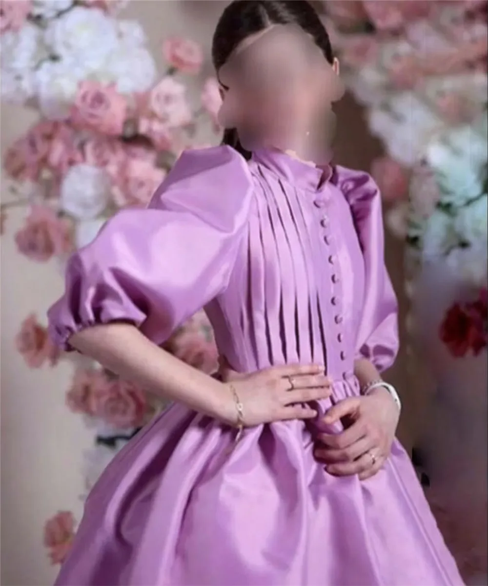 

Customized Elegant Flower Girl Wedding Dress Satin Button Puff Half Sleeve Princess Birthday Party Kids First Communion Dress
