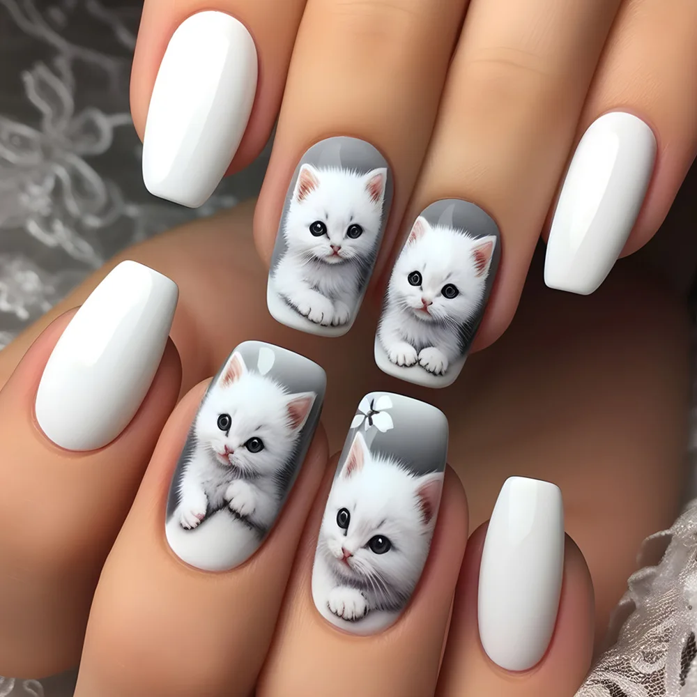 

24Pcs Press on Nails Cute Cat Cartoon Pets Design Cat False Nails Set Kawaii Animal Nail Art Decoration DIY Manicure