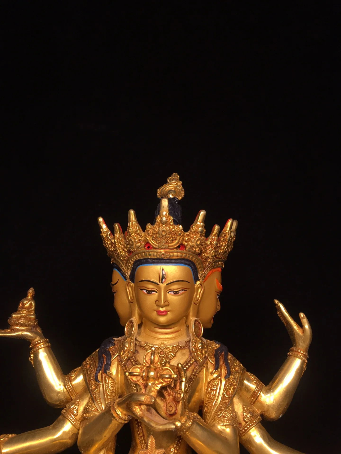 

12"Xizang Folk Collection Old Bronze Gilded Painted Face Namgyalma Sitting Buddha Lotus Terrace Worship Hall