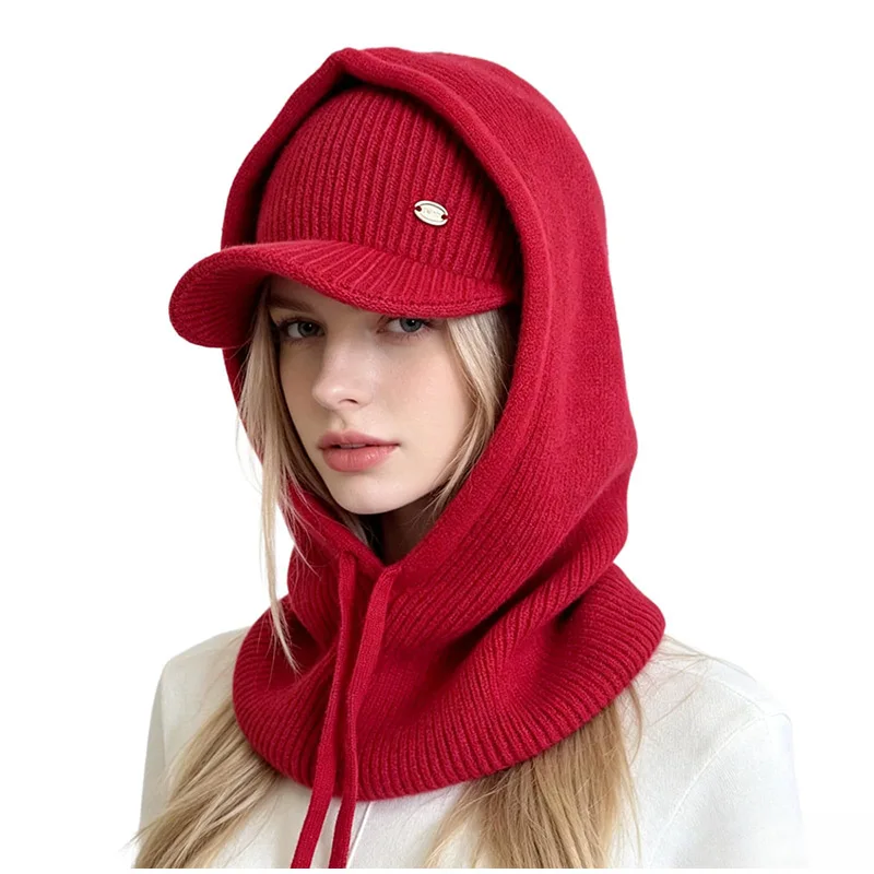 2-in-1 Knitted Hat Scarf with Faux Collar Integrated Ear Protection Hooded Neck Warmer Thick Winter Beanie for Women