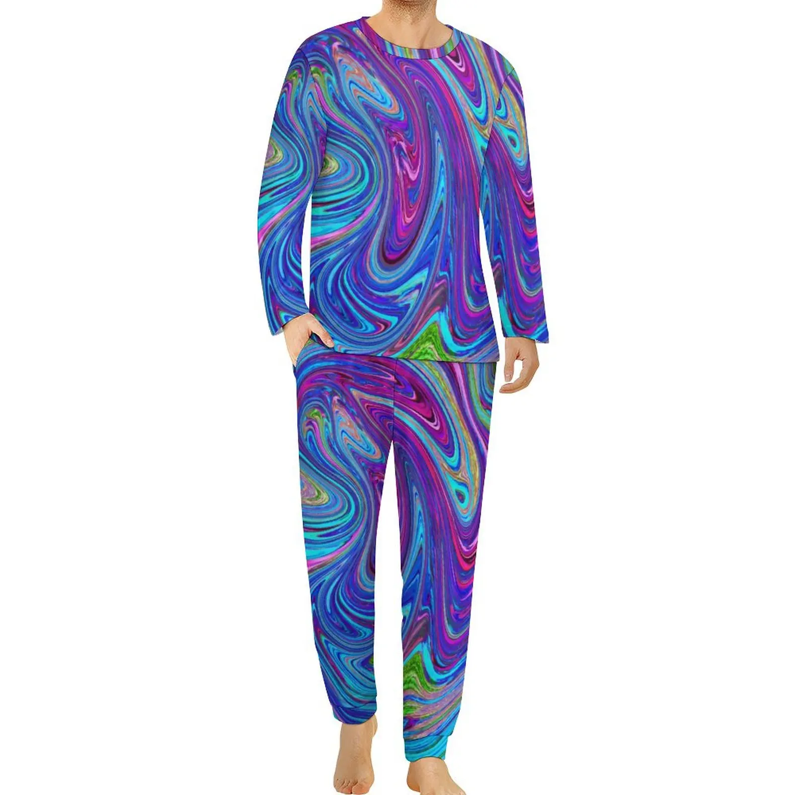 Retro 60s Art Pajamas Winter Groovy Liquid Abstract Night Sleepwear Men 2 Piece Graphic Long-Sleeve Cool Oversized Pajamas Set