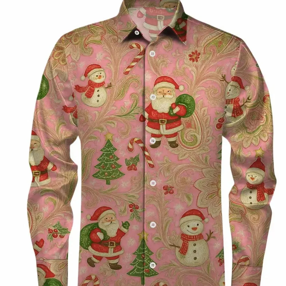Men's plus Size Long Sleeved Button up Shirt Christmas Print Snowman Social Party Comfortable New