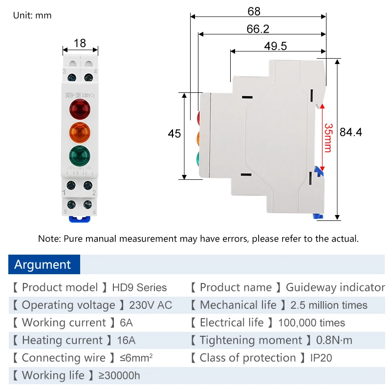 HD9 DIN montage sur Rail LED lampe de signalisation série 9mm 18mm 220V indiquant des feux pilotes rouge bleu jaune vert Signal d'alimentation