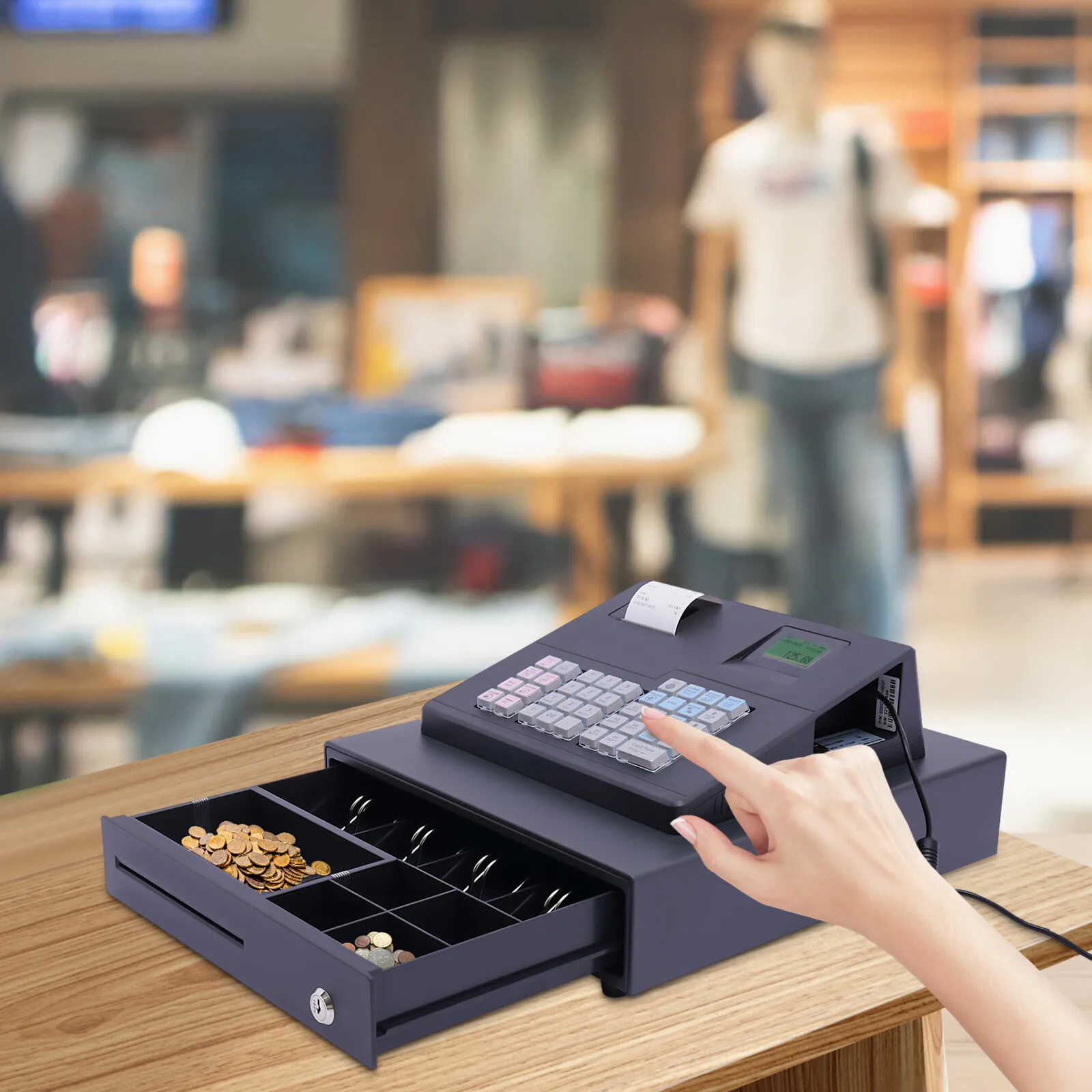 

Electronic Cash Register 38 Keys Thermal Printer with Cash Drawer 9 Slots POS System for Retail Store