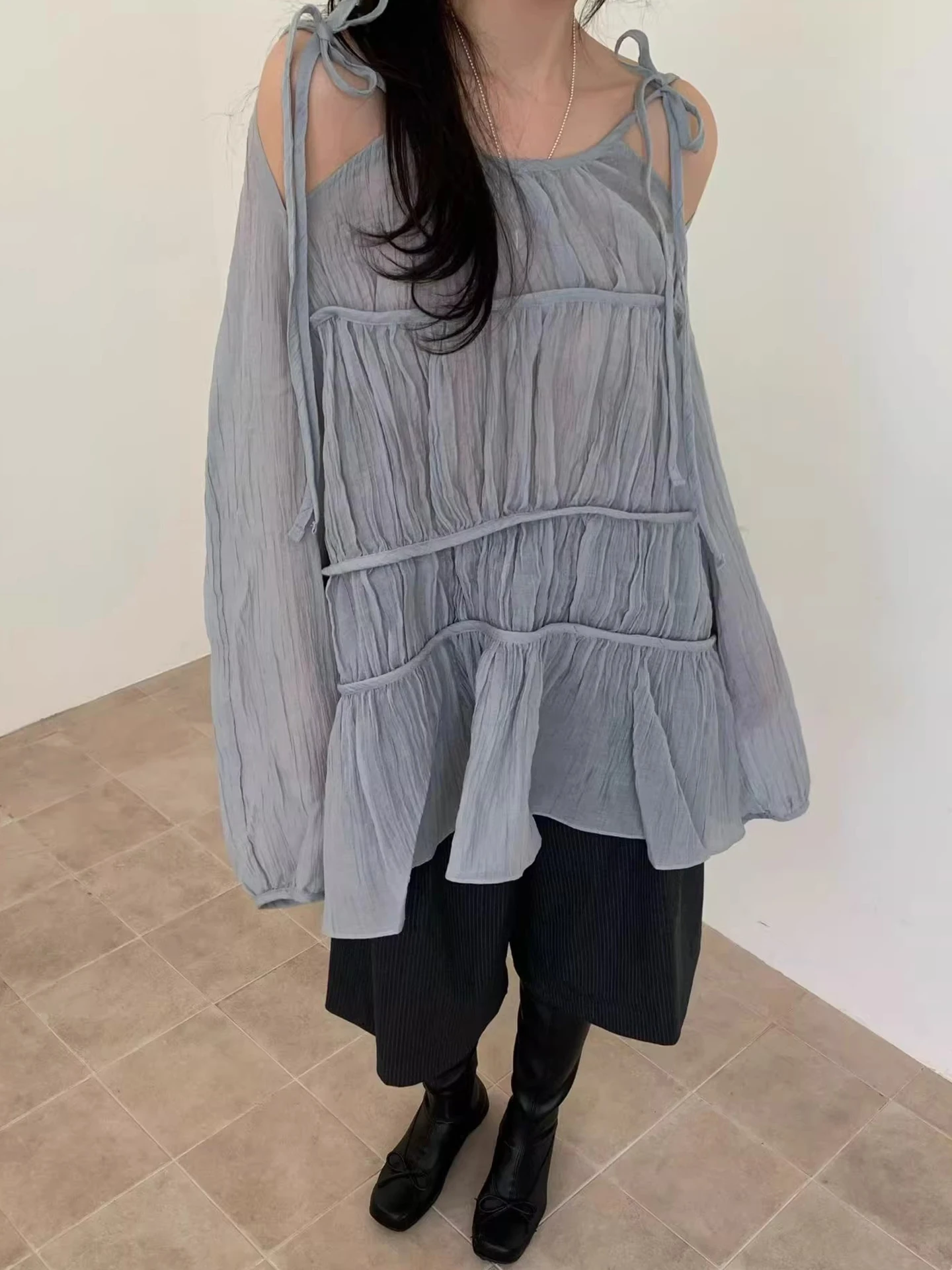 

Liangliang Home Spring New Gentle Wind Bow Tie oulder Multi Layer Pleated Bubble Sve irt Women's Top Korean Sle Loos...