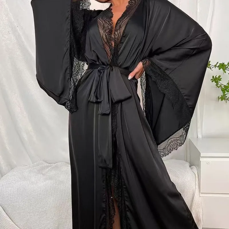 Nuevo pijama largo de satén para mujer, camisón fresco de manga larga ligero de encaje, albornoz, ropa de descanso