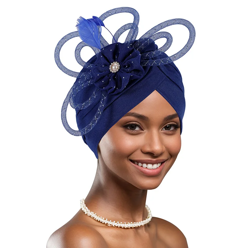 Fashion Feather Flower Turban Cap for Women Party Headpiece Hat African Head Wraps Bonnet Muslim Wrap Headscarf Turbante Mujer