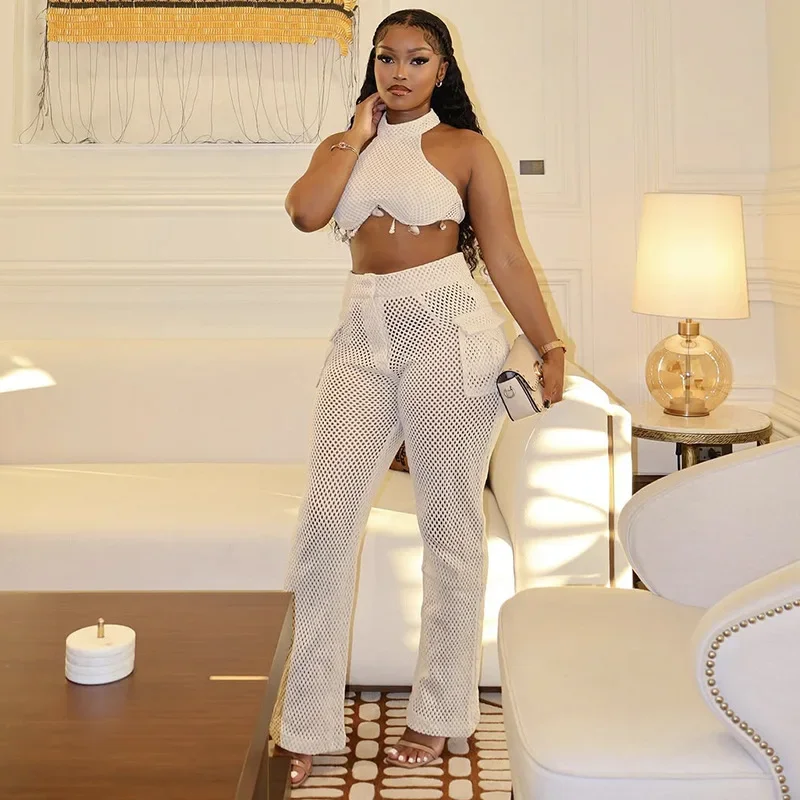 

Holiday Beach 2 Piece Set Women Summer Shells Halter Backless Lace Up Crop Tops + See Through Fishnet Wide Leg Pants Suits