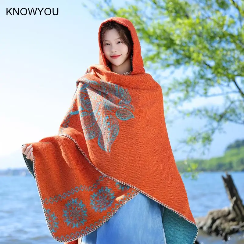 Women Split Hooded Shawl Gothic Dark Black Ethnic Cape Warm Imitation Cashmere Poncho 2025 Autumn Winter New Men's Capes Coat