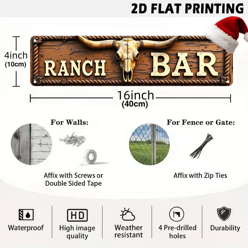 2D Flat Western Longhorn Skull Metal Sign, Bold Lettering Wall Art for Ranch Bar Saloon Outdoor Themed Restaurant Decor.