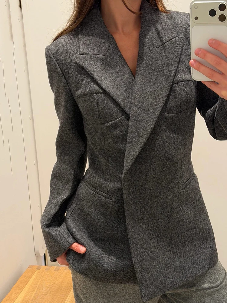 Lady's gray double-breasted wool blazer with a fitted waist and a sleek business-style wool blend coat, 2026 new design