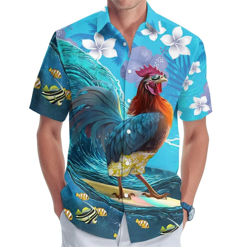 Men\'s Button Up Beach Shirt 3d Digital Print Chicken Pattern Surfing Hawaiian Shirt For Men Casual Short Sleeve Plus Size Shirts