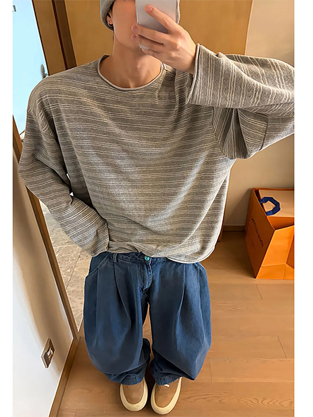 Korean Style Striped Commute round Neck Base Shirt T-Shirt Men's Basic Loose Feeling Long Sleeve Inner Wear Casual Style