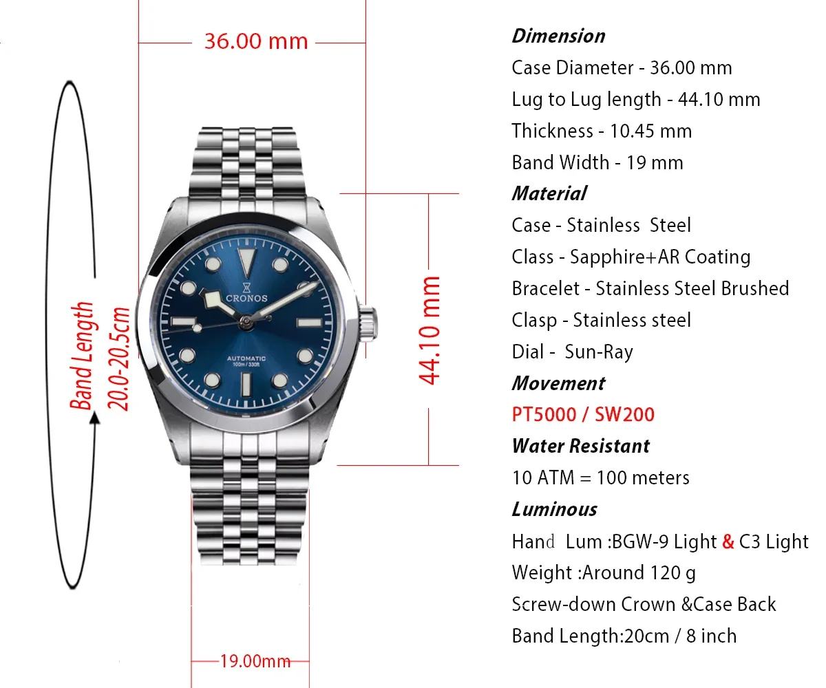 Cronos BB36 Mechanical Men Watch 36mm Automatic PT5000 Sapphire Glass Bushed Bracelet 10ATM L6036M