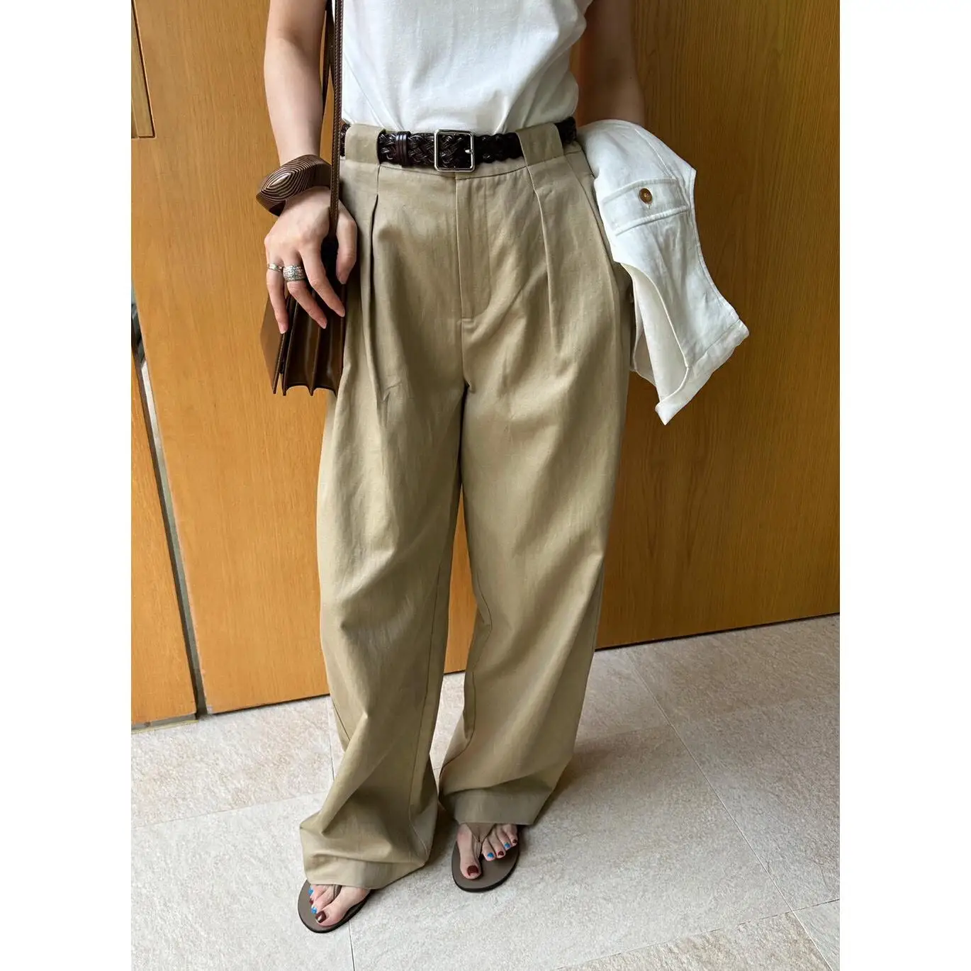 

Брюки женские летние из модала и льна цвета хаки, с высокой талией, прямые, свободные, для повседневной носки, с деталями в стиле кэжуал