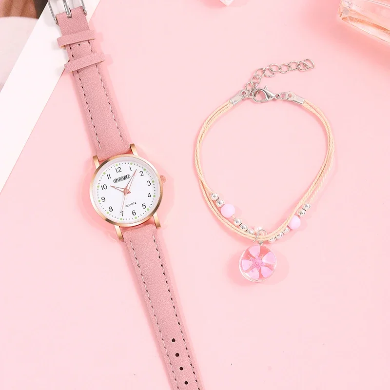 2PCS Women Pink Watches Bracelet Set Girls Gift Fashion Leather Quartz Watch Student with Bracelet for Womens Reloj Mujer