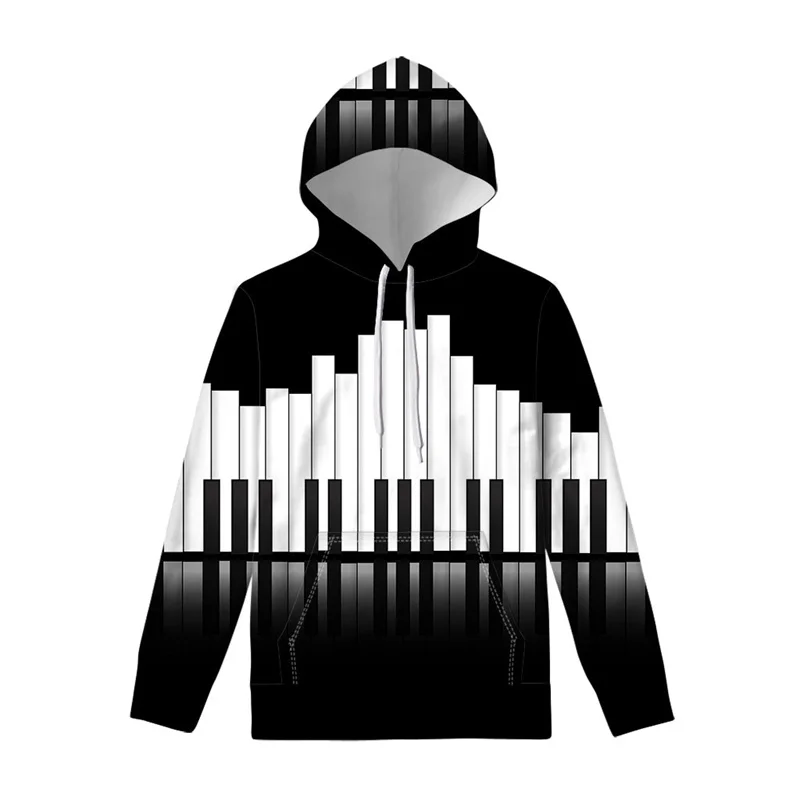 Black White Piano Keyboard Pattern Hoodie Men Classic 3D Printed Hoodies Long Sleeves Hoody Street Casual Pullover Swearshirts