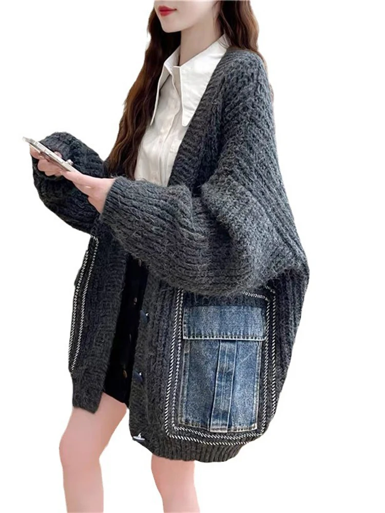 LANMREM Korean Style Knited Sweater Women\'s V-neck Single Breasted Denim Pockets Contrast Color Cardigan 2024 Autumn New 2Z2430