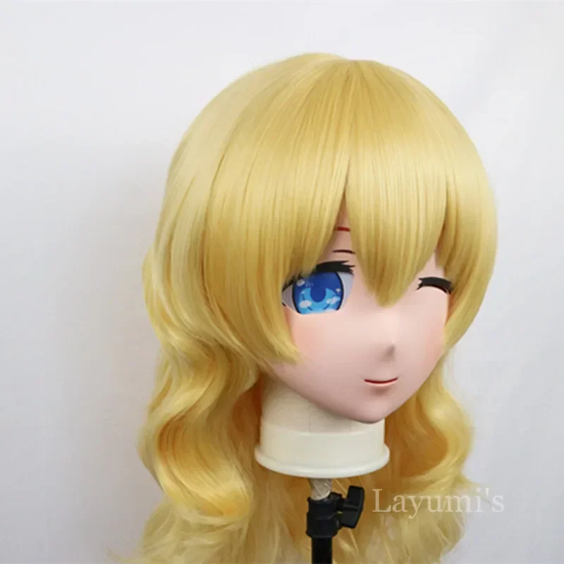 (B64) Customized Lifesize Mask Crossdressing with Backshell Silicone Anime Wink Alice Kigurumi Mask Cosplay with Golden Wig